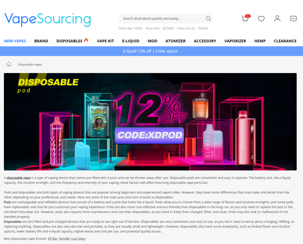 vapesourcing offer – 12% off for All Disposable vape