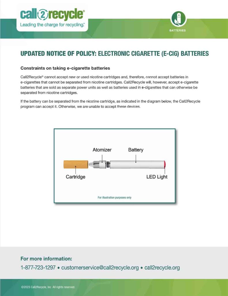 Call2Recycle - Electronic Cigarette Policy