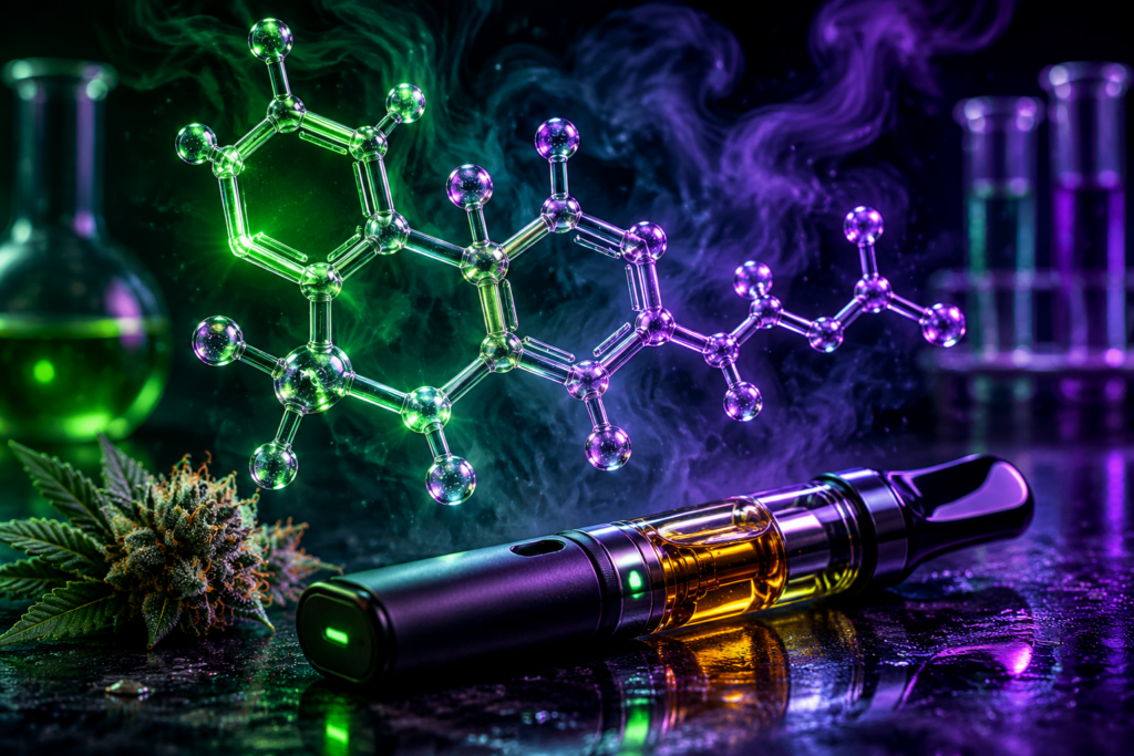 Glowing molecular structure floating above vape device with green and purple neon lighting scientific aesthetic
