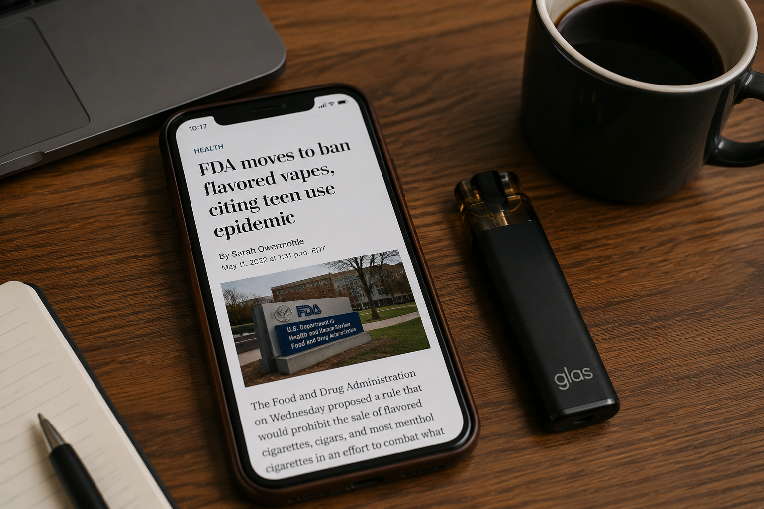 FDA Glas memo investigation document and vape device on desk
