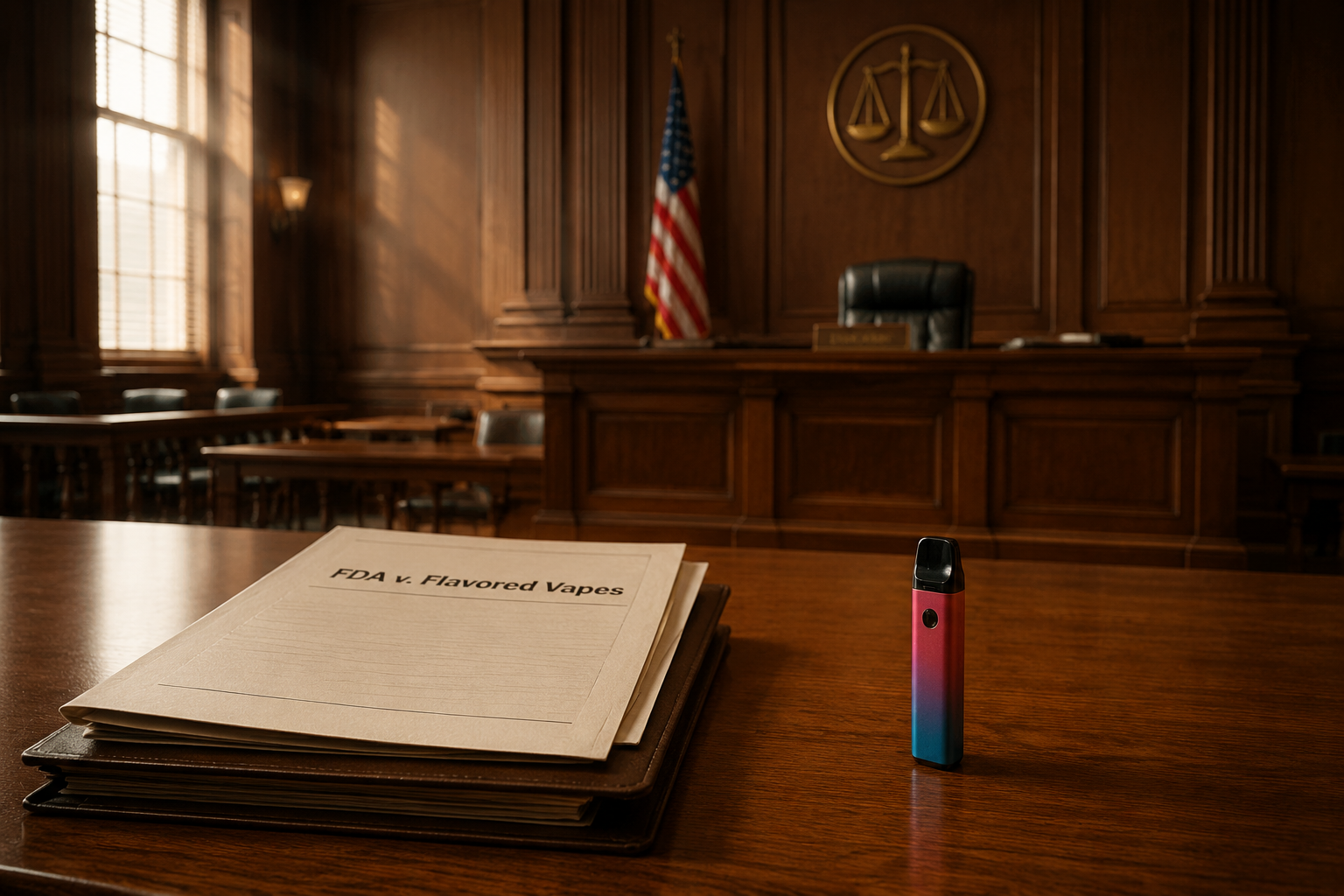 Courtroom with FDA flavored vape case evidence and legal documents
