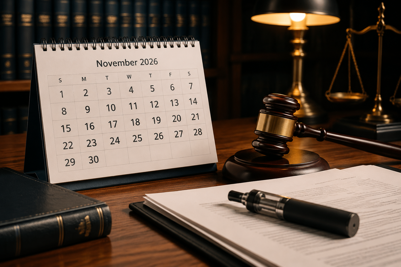 Calendar showing November 2026 with gavel and legal documents representing THCA regulatory deadline