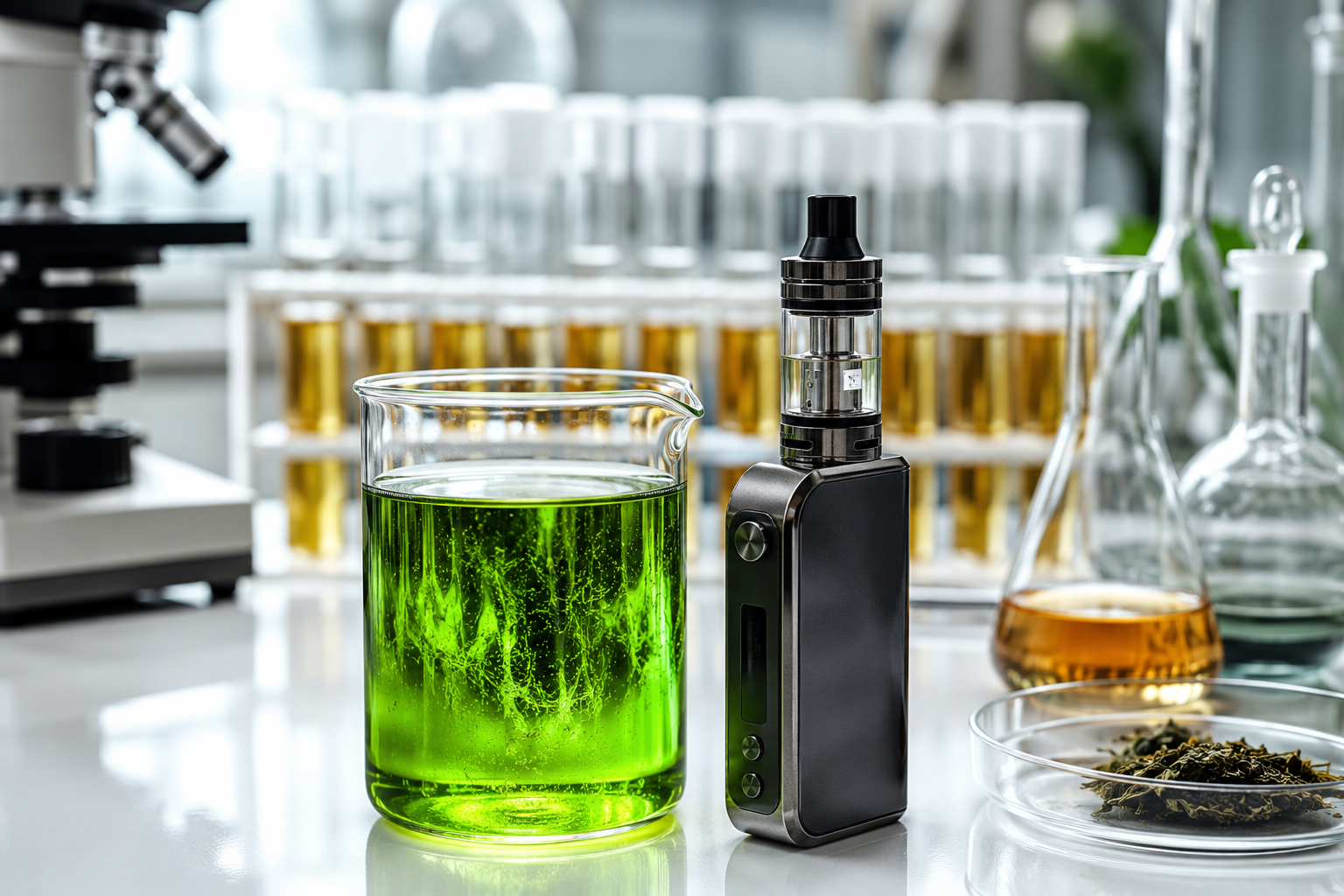 Laboratory equipment with green liquid and vape device representing THCA extraction scientific process