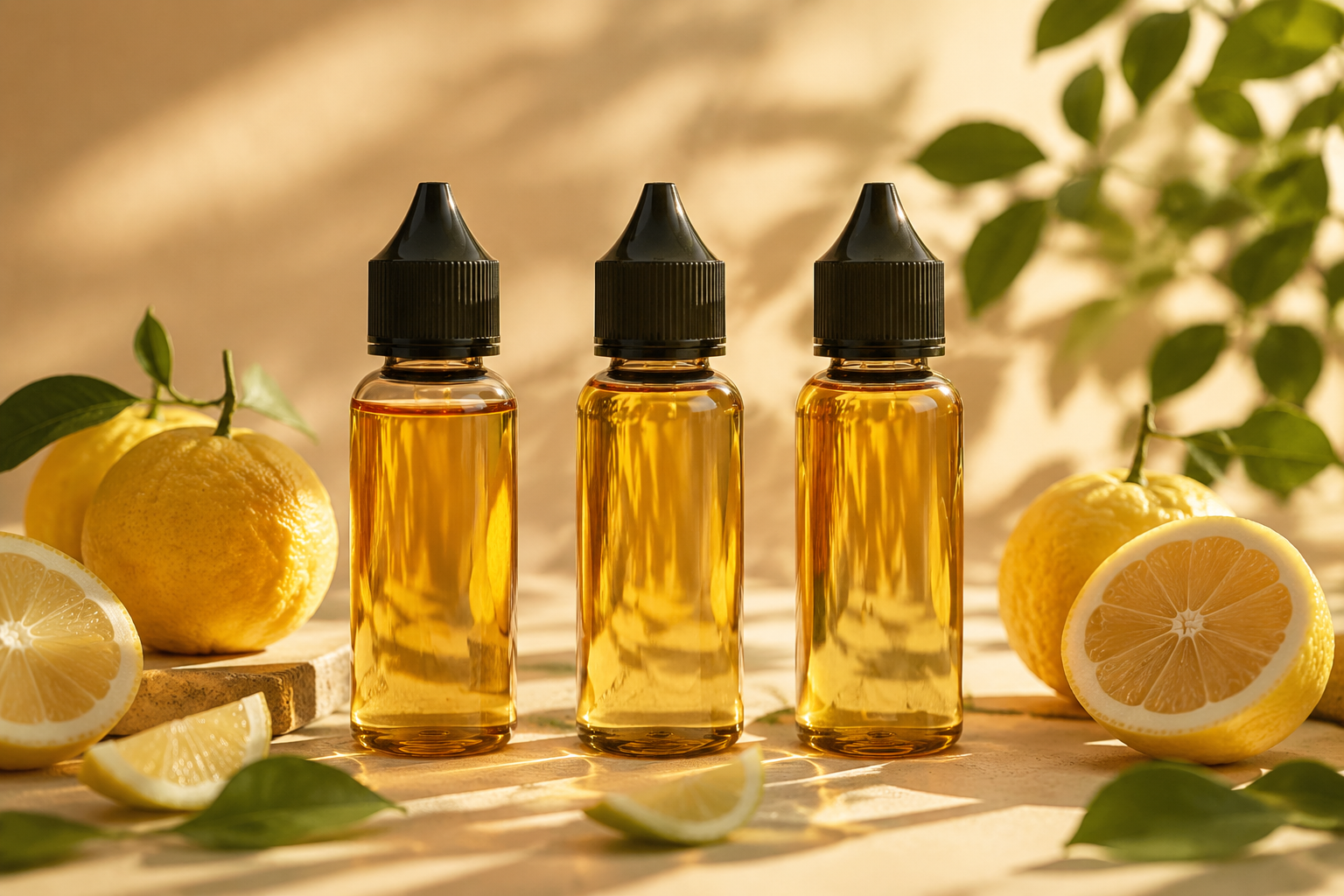 Three vape juice bottles with golden e-liquid and fresh yuzu fruit slices warm sunlight premium aesthetic