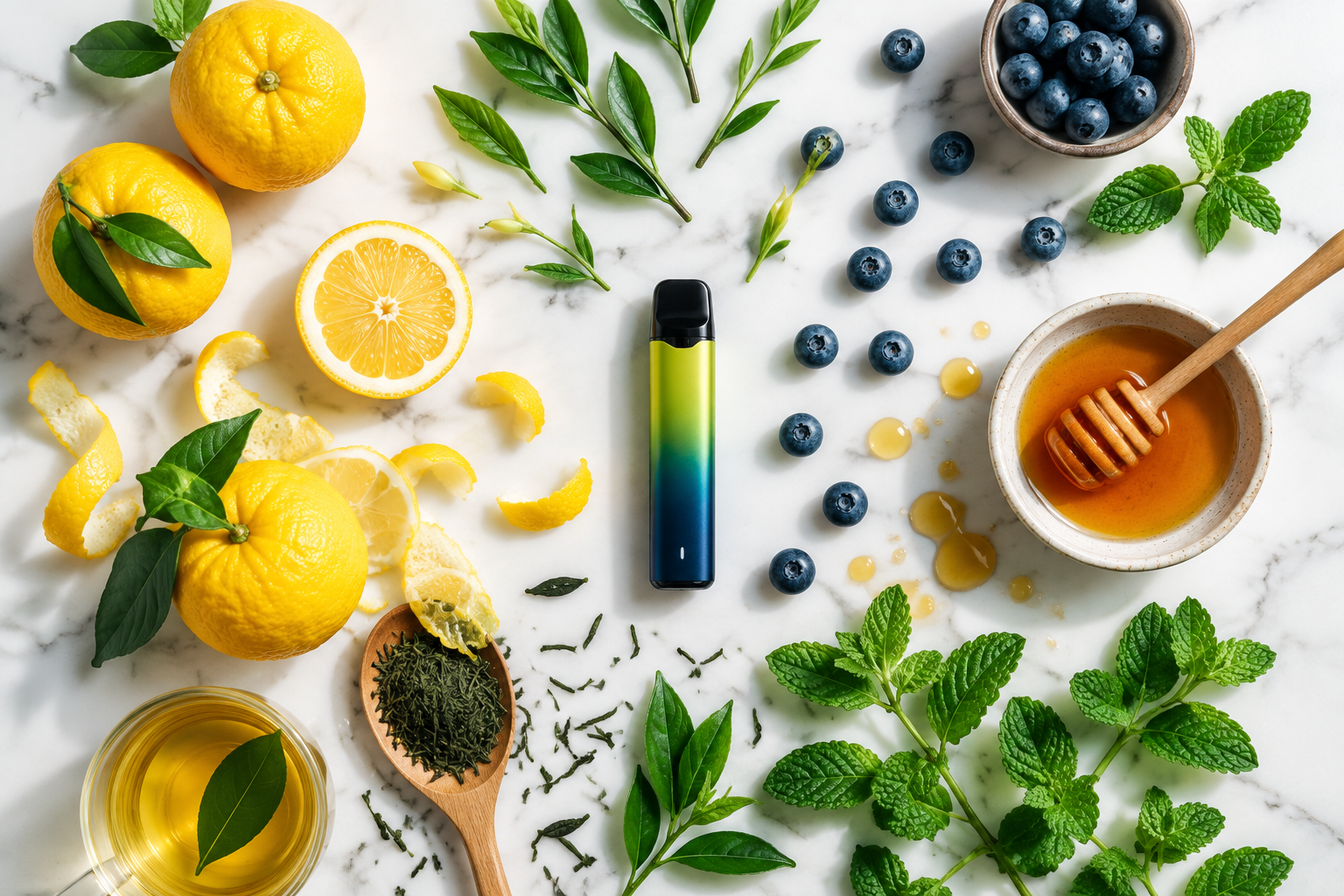 Yuzu fruits blueberries mint leaves honey and green tea arranged around vape device flavor pairing composition