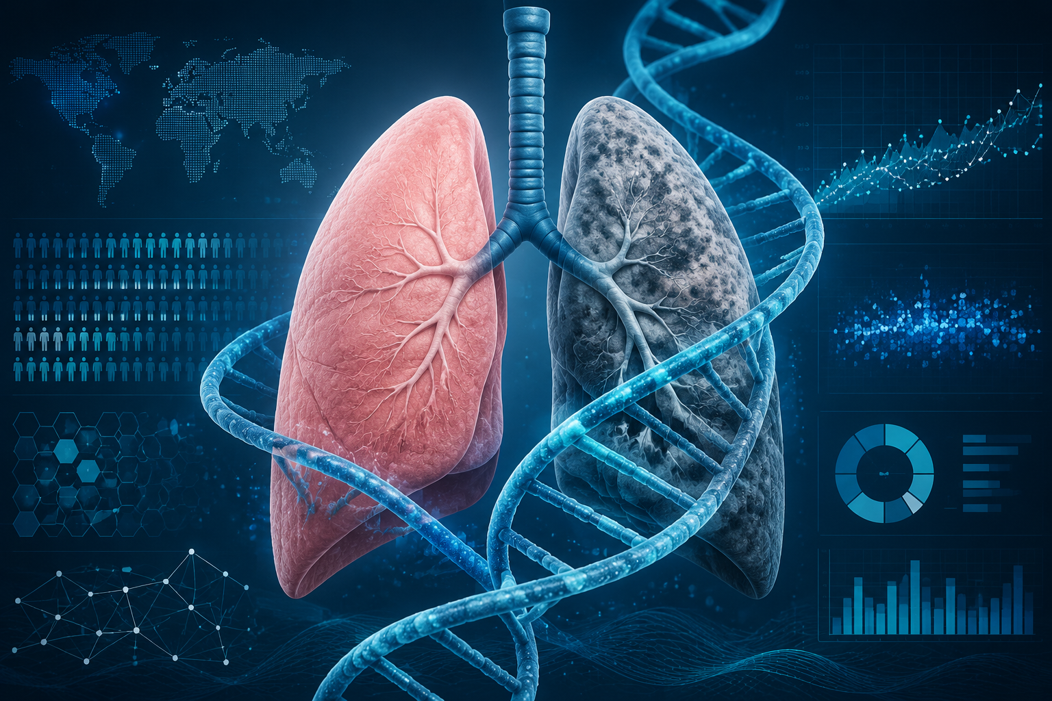 Vape research lung cancer study illustration showing lungs and DNA data