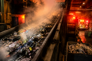 Recycling facility fire with smoke rising from conveyor belt where disposable vapes mix with recyclables illustrating vape waste crisis