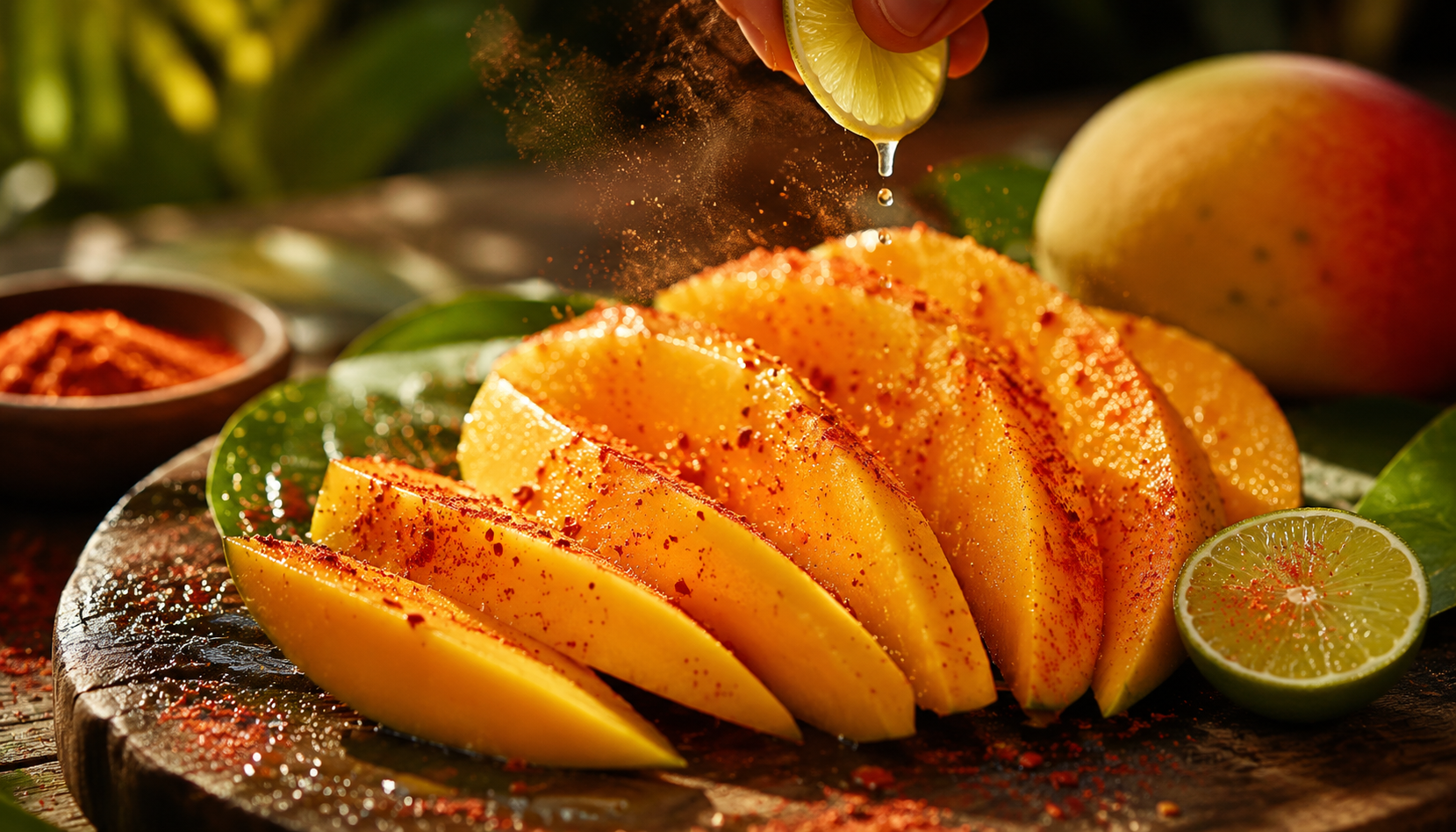Fresh sliced mango sprinkled with chili powder and lime close up food photography sweet and spicy swicy flavor