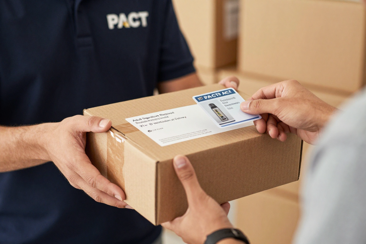 PACT Act compliant delivery showing adult signature required package and ID verification