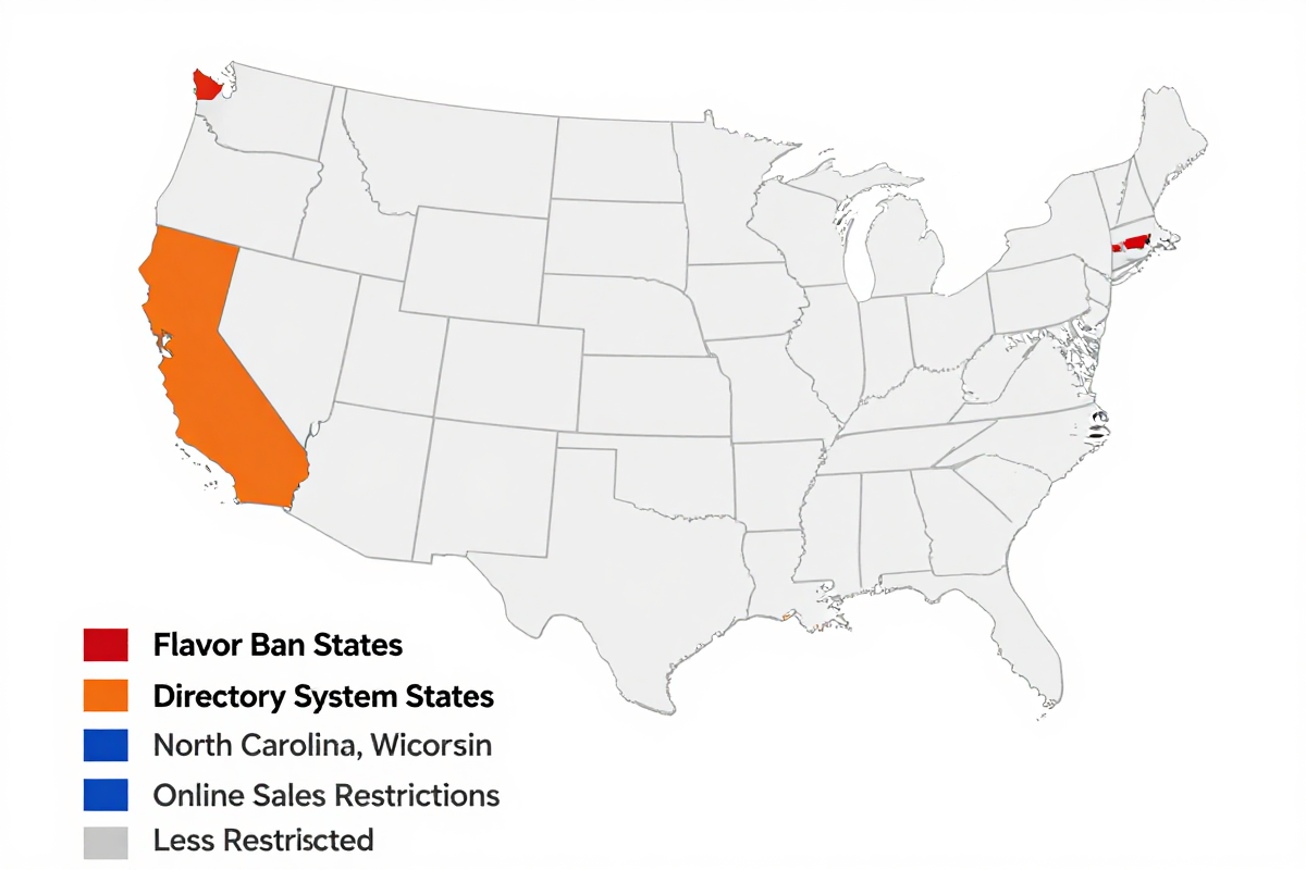 US vape laws map showing flavor ban states, directory system states, and online sales restrictions