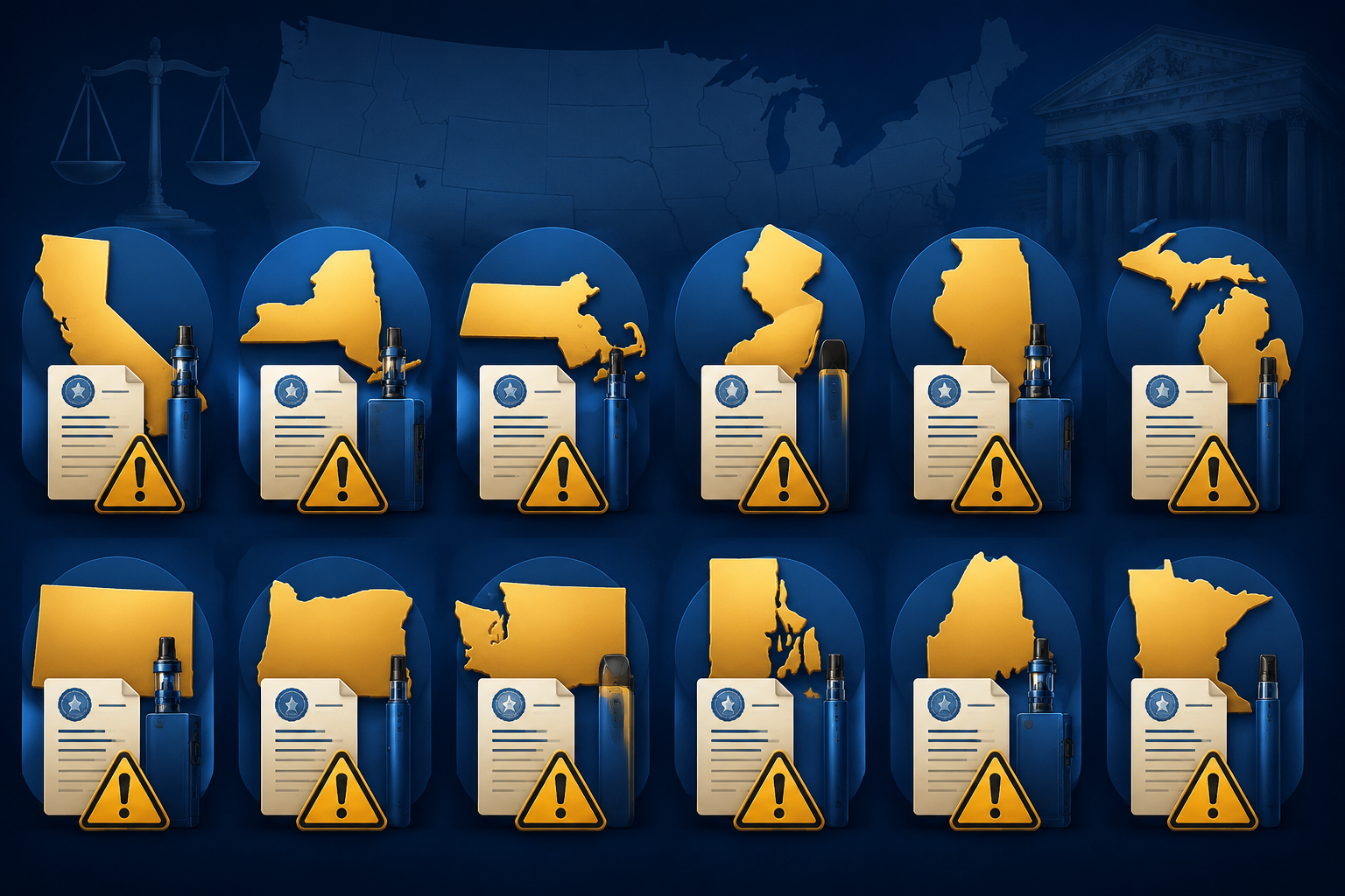 Infographic showing 12 US states with active vape restrictions and bans in 2026
