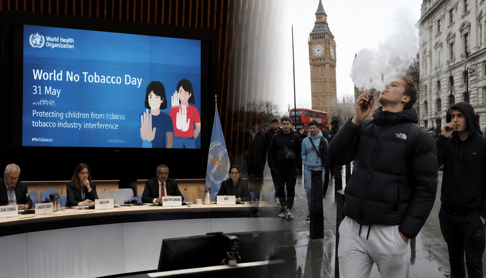 World Vape Day celebration vs WHO World No Tobacco Day split screen contrast institutional messaging versus harm reduction