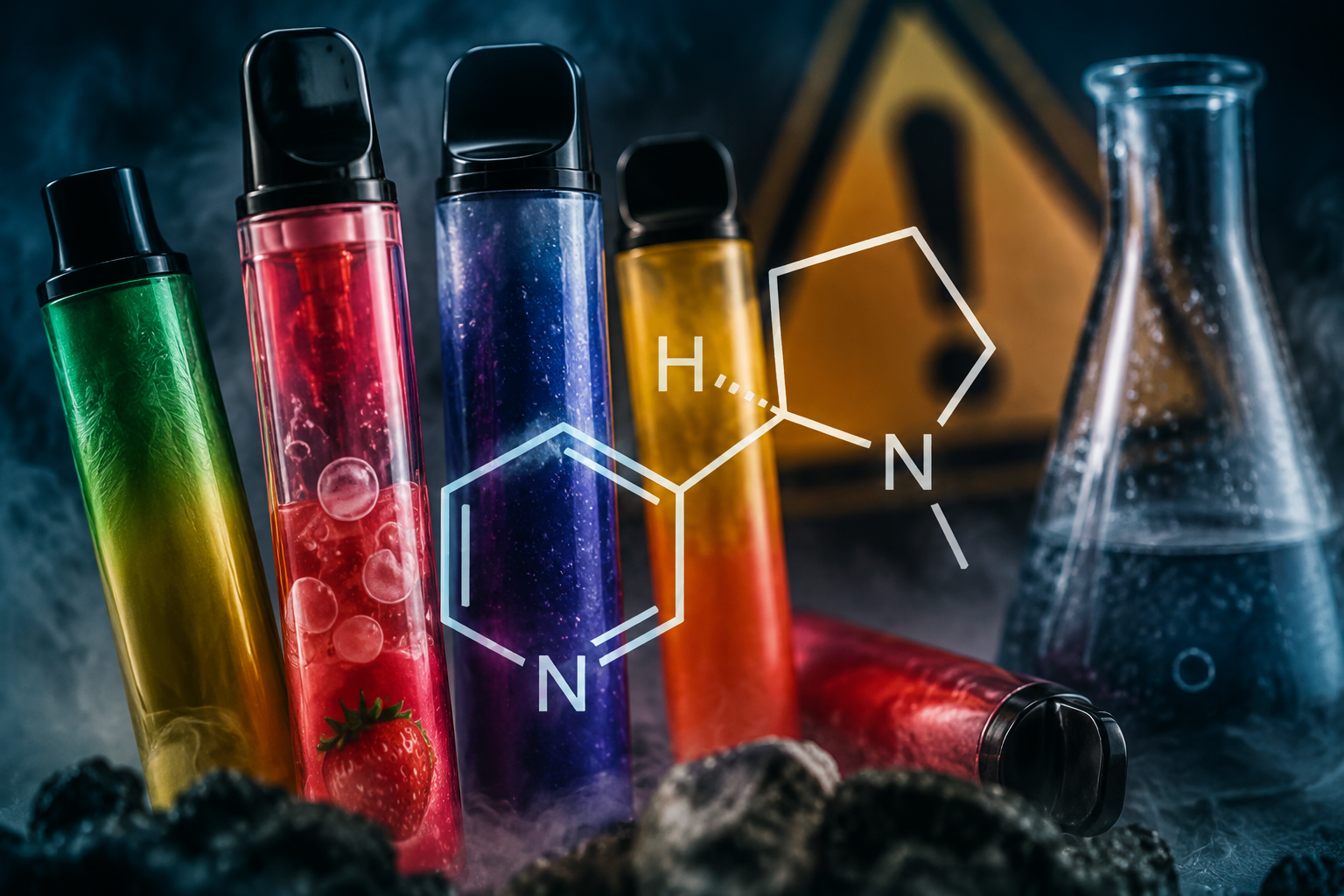 Flavored disposable vape products with 6-methyl nicotine molecular structure overlay, unregulated synthetic nicotine analog warning