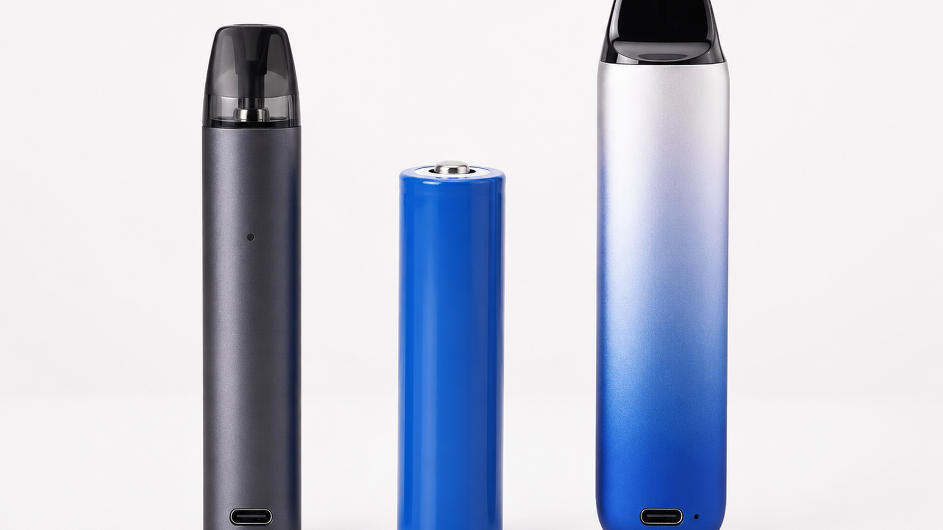 Three types of vape batteries: integrated vape pen, 18650 removable battery, and rechargeable disposable