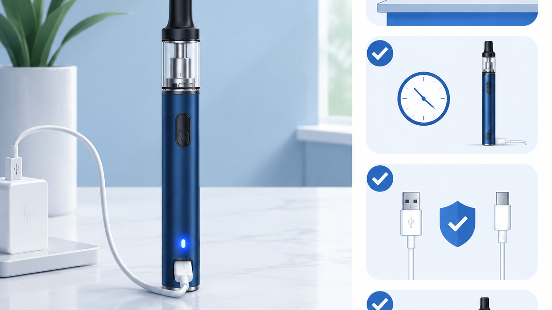 Vape pen charging safety tips on a clean hard surface away from flammable materials