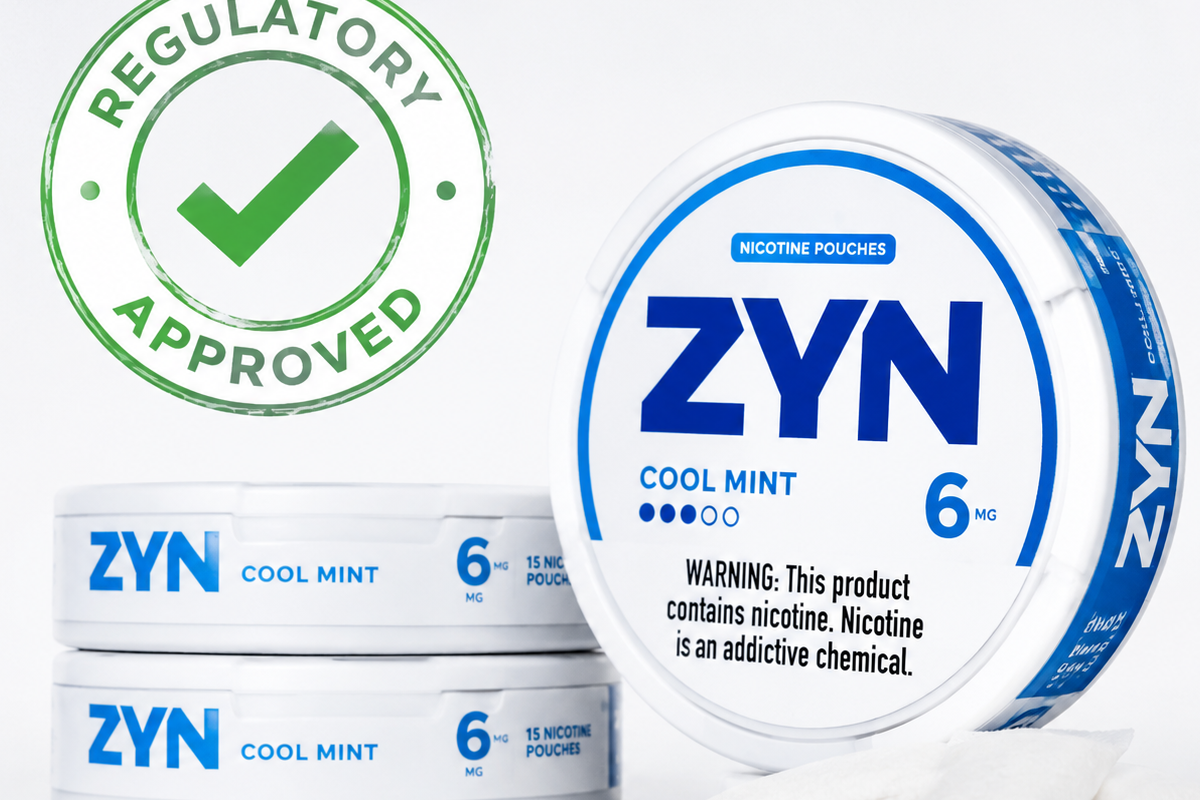 Zyn nicotine pouches product containers representing FDA reduced-risk authorization