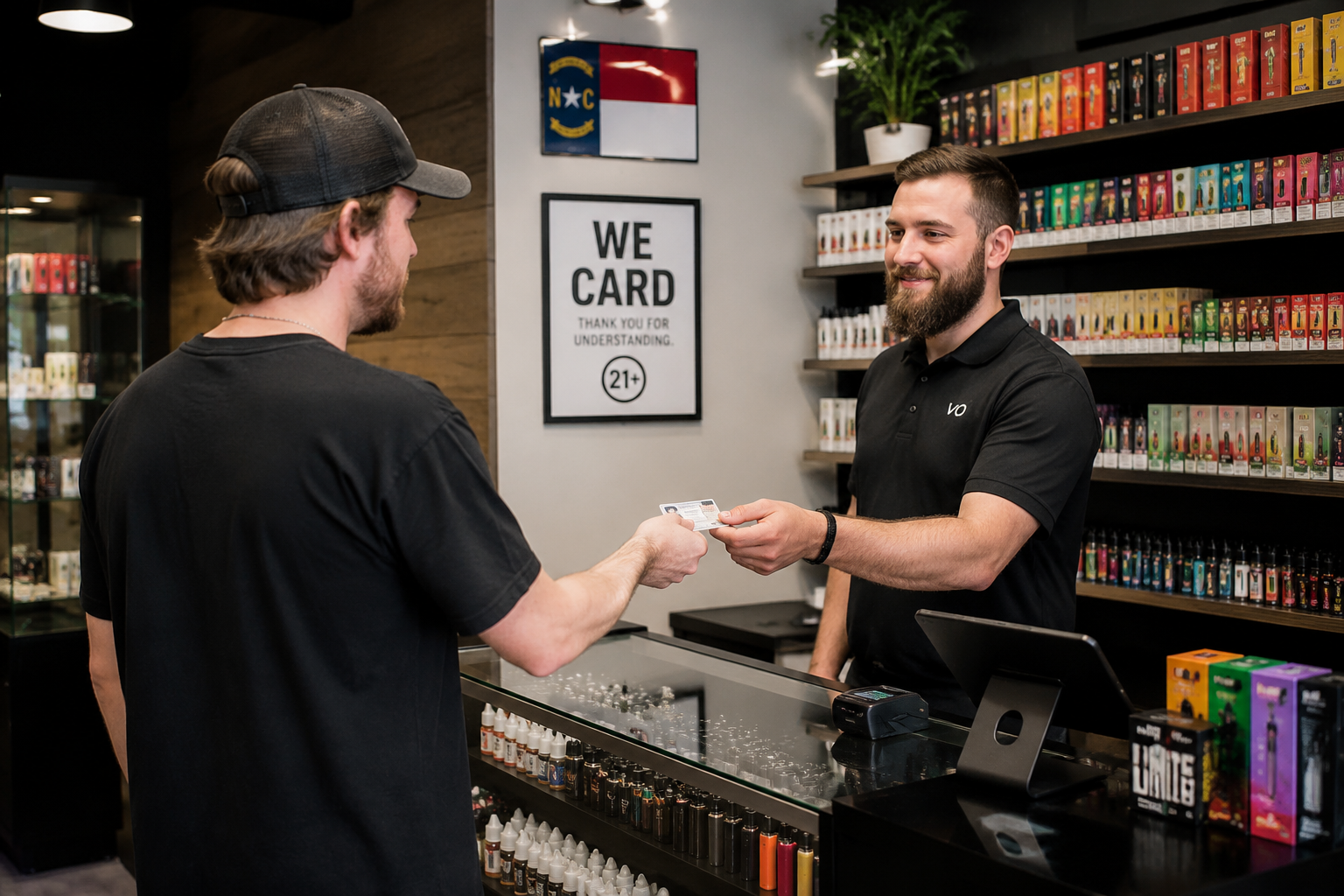 Vape shop customer showing ID for age verification under new North Carolina vape law