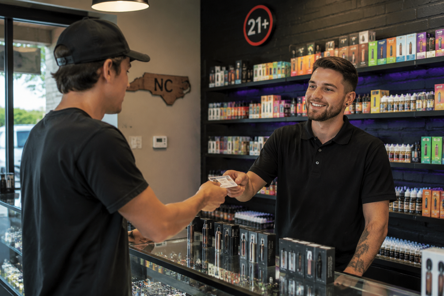 Vape shop interior with customer showing ID for age verification under new North Carolina law