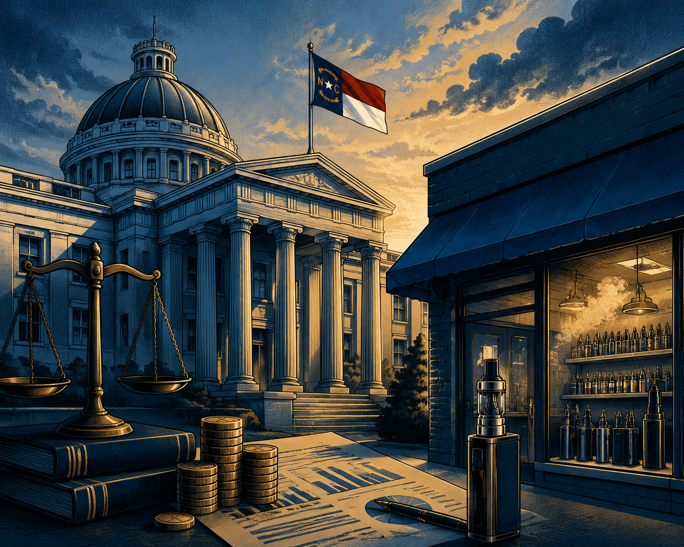 North Carolina State Capitol building with new vape shop tax and age verification regulations in 2026