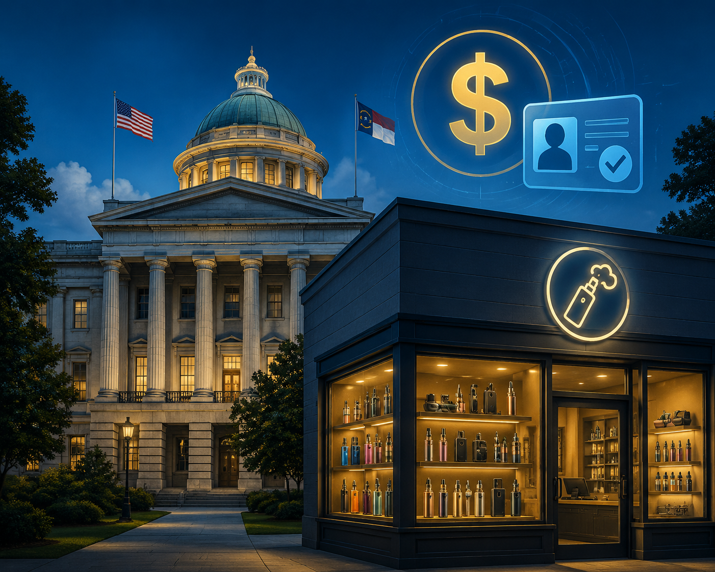 North Carolina State Capitol building with new vape shop tax regulations in 2026