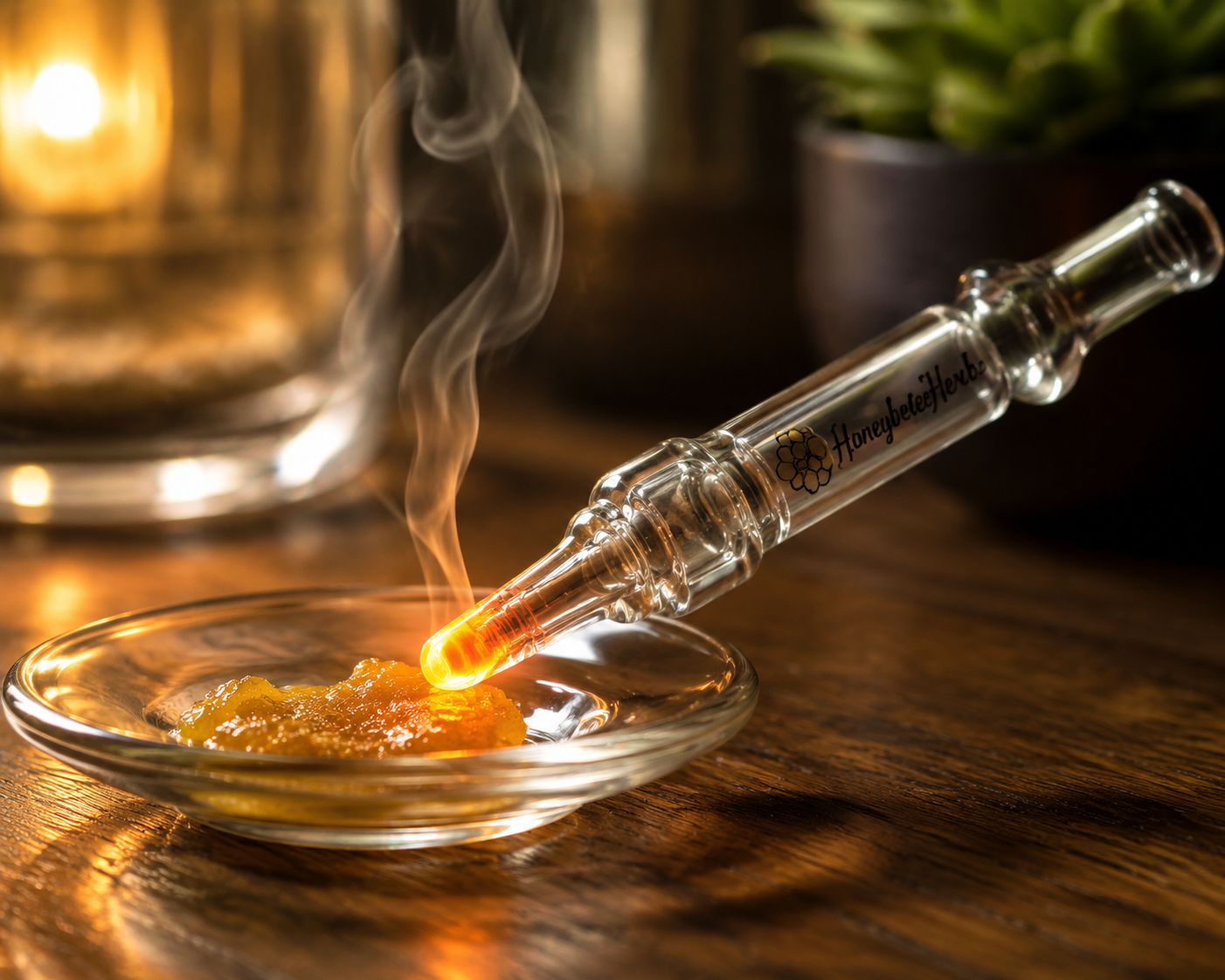 Person using a glass nectar collector with warm tip touching wax concentrate in a dish, vapor rising