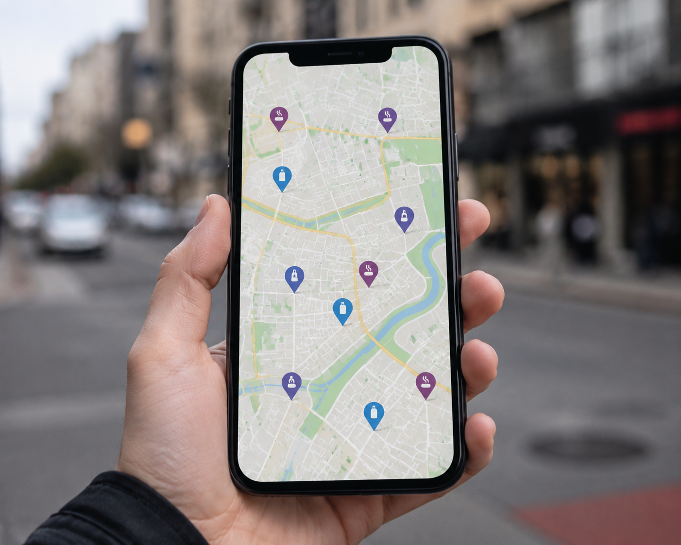 Searching for smoke shops near me on a smartphone map app