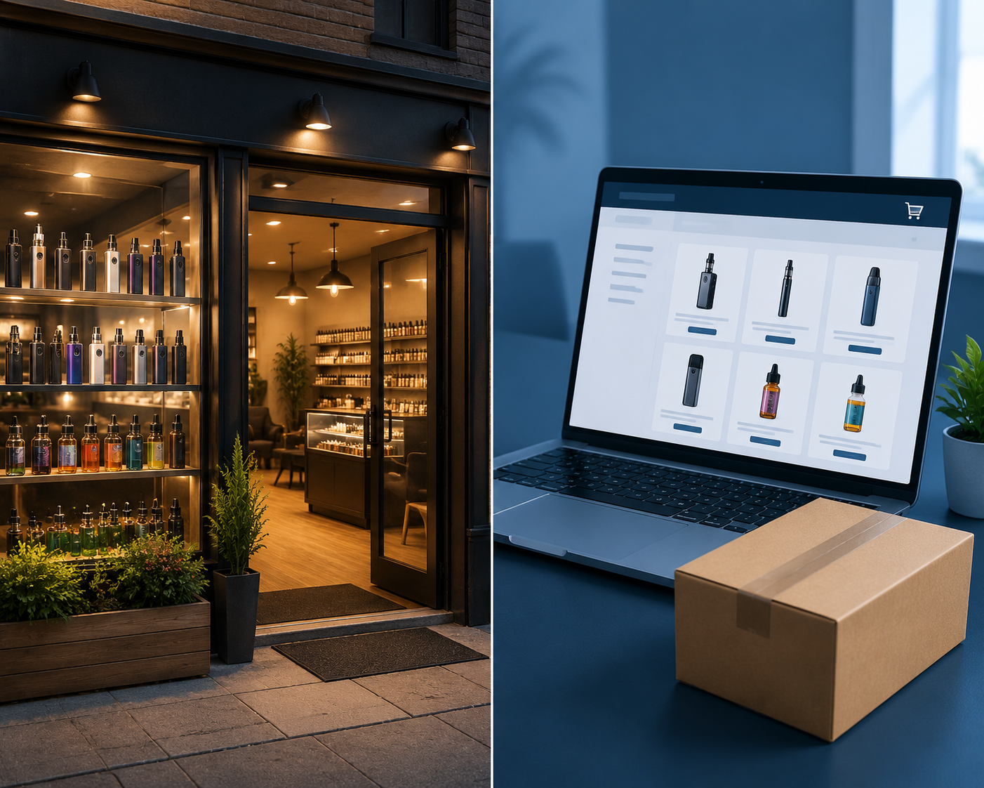 Comparison of physical vape shop storefront vs online vape shopping on laptop