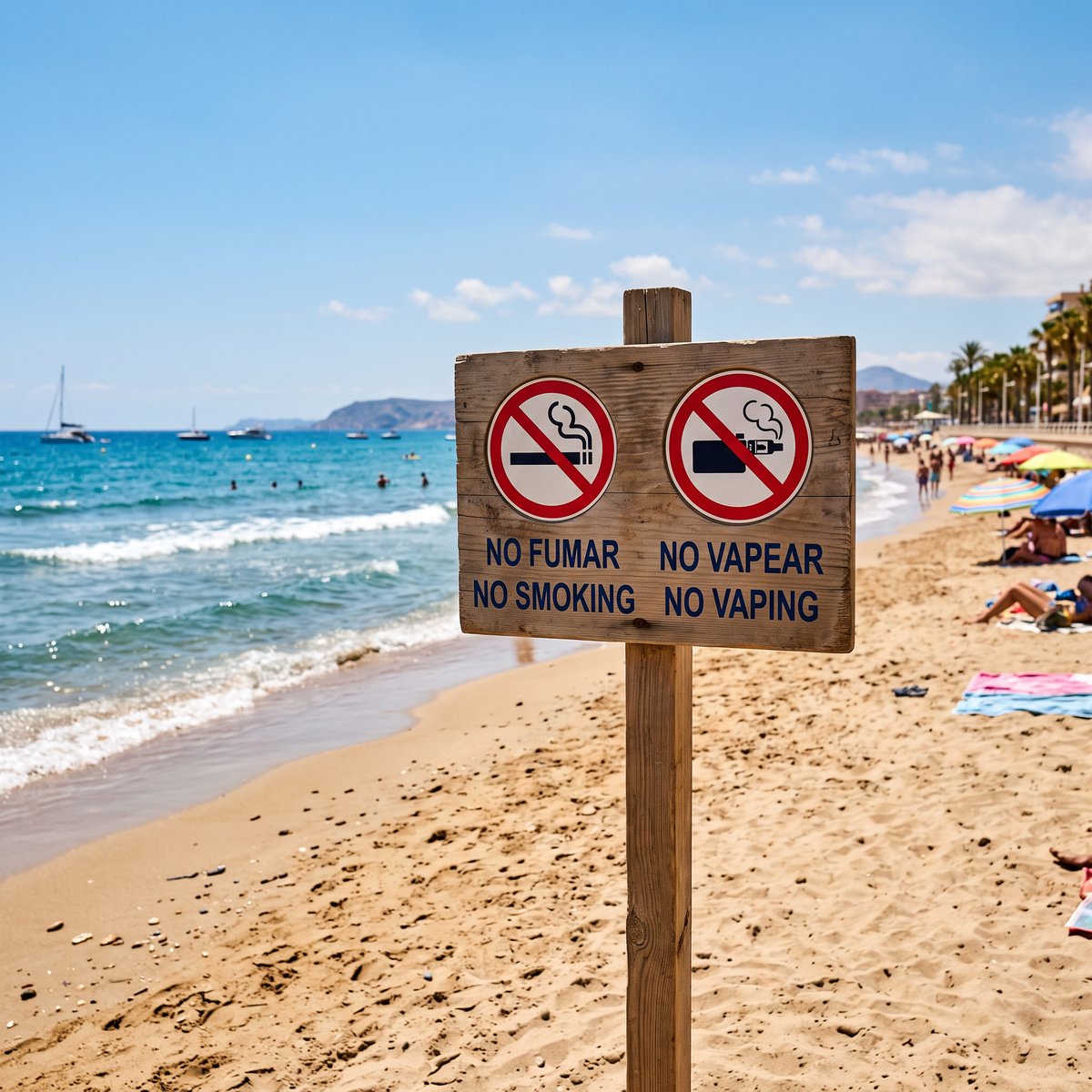 No smoking and no vaping sign on a Spanish beach under new tobacco control law