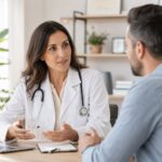 Doctor in a white coat talking with an adult patient in a clinic