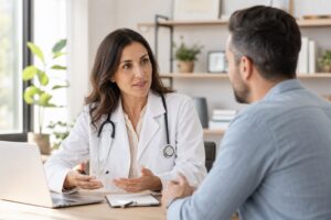 Doctor in a white coat talking with an adult patient in a clinic