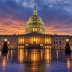 The United States Capitol building in Washington D.C. at dusk