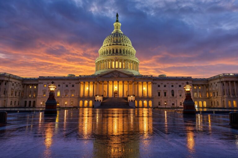 The United States Capitol building in Washington D.C. at dusk